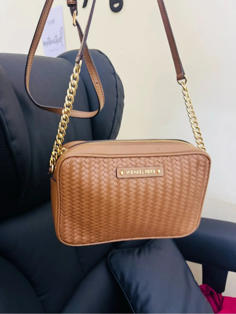 Michael Kors Tan Woven Leather Crossbody with Gold Chain